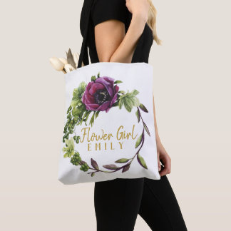 Bolsa Tote Purple Peony Wreath Flower Girl Name ID456