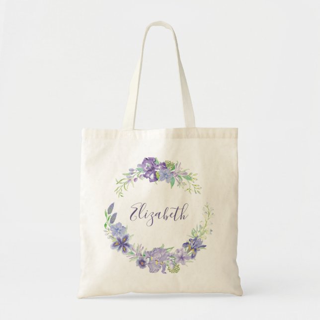 Bolsa Tote Púrpura aquarela floral personalizada (Frente)