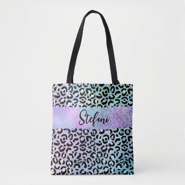 Bolsa Tote Púrpura Iridescente Arco-Íris Leopardo Roxo (Frente)