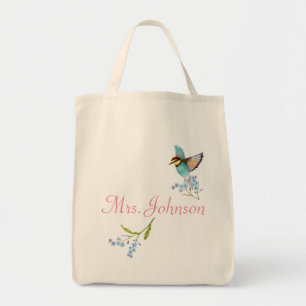 Bolsa Tote Púrpura mole e flores azuis, nome bonito das aves