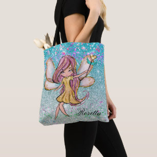 Bolsa Tote Purpurina Fada Brilho Azul Dourado Feminino