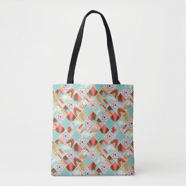 Bolsa Tote Quadrado de aquarela, fundo geométrico de retalhos (Frente)