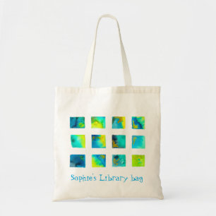 Bolsa Tote Quadrados azuis fofos em aquarela nome da bibliote