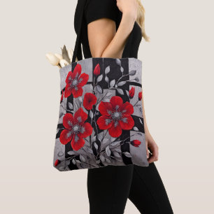 Bolsa Tote Quadrados Pretos e Prateados com Flores Vermelhas