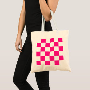 Bolsa Tote Quadrados xadrez rosa quente branco geométrico ret