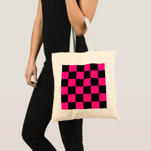 Bolsa Tote Quadrados xadrez rosa quente preto geométrico retr