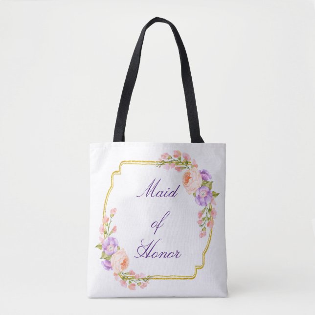 Bolsa Tote Quadro floral Dourado com texto feito sob (Frente)