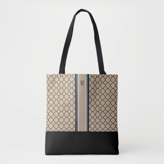 Bolsa Tote Quatrefoil de creme com monograma (Frente)