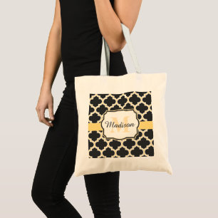 Bolsa Tote Quatrefoil marroquino preto e Ouro