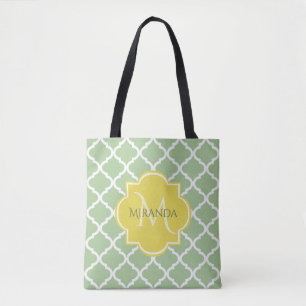 Bolsa Tote Quatrefoil Verde Chic Pastel Nome Amarelo Monogram