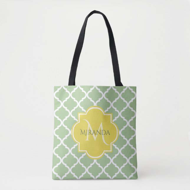 Bolsa Tote Quatrefoil Verde Chic Pastel Nome Amarelo Monogram (Frente)