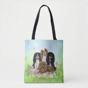 Bolsa Tote Quatro Cavaleiros Rei Charles Spaniels em Flores  