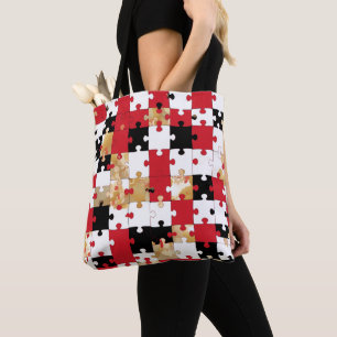 Bolsa Tote Quebra-cabeça Padrão Vermelho Preto Dourado