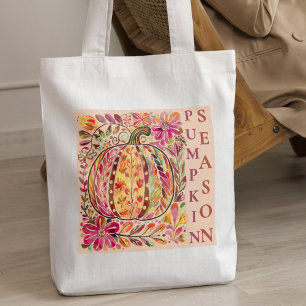 Bolsa Tote Queda Autumn Floral Pumpkin Watercolor Pastel Boho