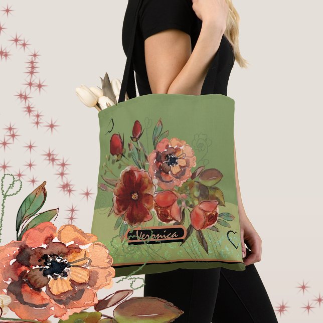Bolsa Tote Queda de flores em fundo verde (Fall floral green Tote bag )