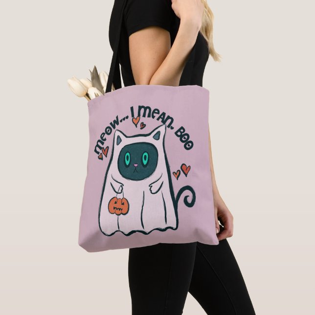 Bolsa Tote Quero Dizer Boo Cat Ghost Purple Halloween (Close Up)