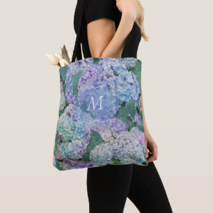Bolsa Tote Quic Floral Azul Roxo Hidrangea Monograma Inicial