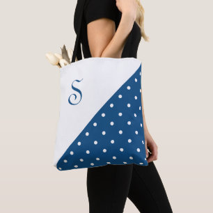 Bolsa Tote Quic Monograma Bolinhas Azul Escuro Branco Geométr