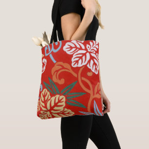 Bolsa Tote Quimono Japonês Floral Havaiano Vermelho Chinoiser
