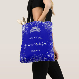 Bolsa Tote Quinceanera nome da tiara azul real da cinta prate