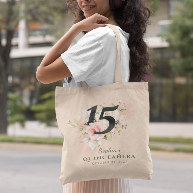 Bolsa Tote Quinceanera Rosa, Rústica Floral, 15, Aniversário (Criador carregado)