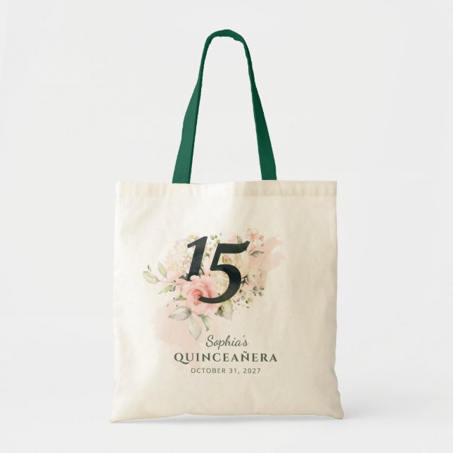 Bolsa Tote Quinceanera Rosa, Rústica Floral, 15, Aniversário (Frente)