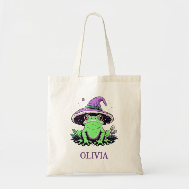 Bolsa Tote Rã Verde Usando Chapéu de Bruxa Roxo (Frente)