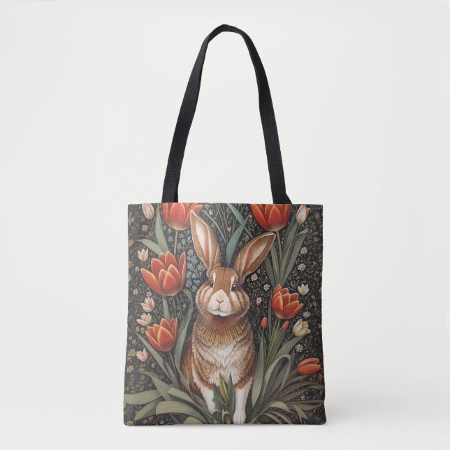 Bolsa Tote Rabbit vermelho Tulipas William Morris inspiradas (Frente)
