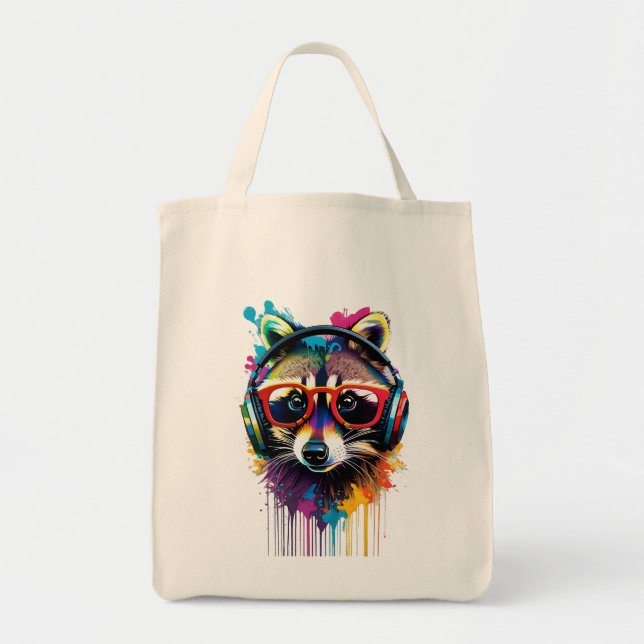 Bolsa Tote Raccoon em fones de ouvido e óculos (Frente)