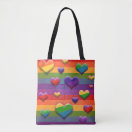 Bolsa Tote Rad Rainbow Hearts Striped Retro Divertido Padrão