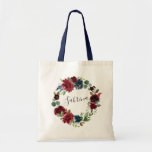 Bolsa Tote Radiant Bloom Personalizado<br><div class="desc">Projetados para combinar com a nossa coleção de Radiant Bloom,  estes bolsas personalizados fazem belos presentes para as suas damas de honra. Personalize com um nome na elegante letra manuscrita,  cercada por uma coroa de flores aquáticas em tons ricos de marinho e burgundy.</div>