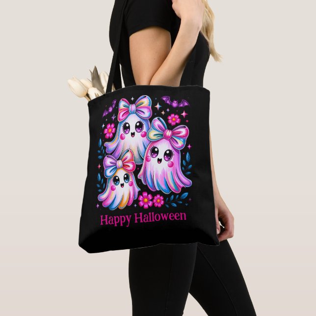 Bolsa Tote Rainbow Coquette Ghosts Hot Pink Feliz Halloween (Close Up)