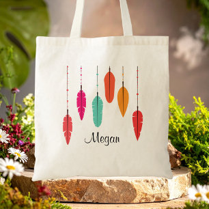 Bolsa Tote Rainbow Feather Pink & Orange Boho Monograma
