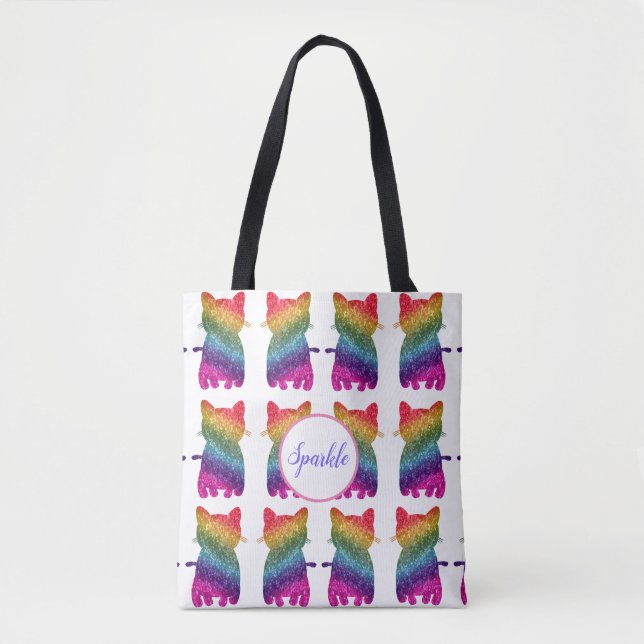 Bolsa Tote Rainbow Glitter Cats Bonito Padrão de Diversão (Frente)