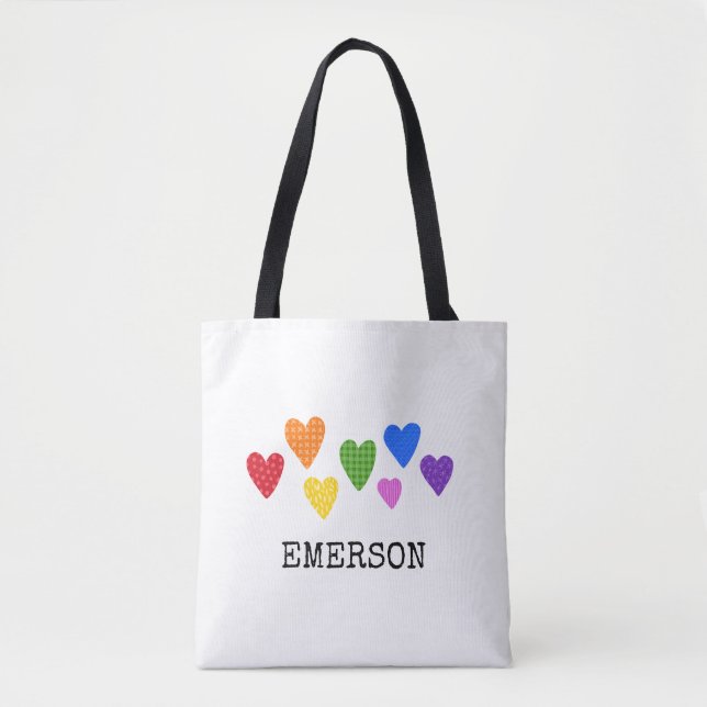 Bolsa Tote Rainbow Hearts Kids Baby NAME Love Art (Frente)