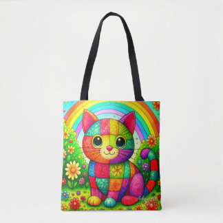 Bolsa Tote Rainbow Patchwork Cat Art