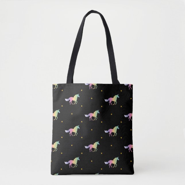 Bolsa Tote Rainbow Unicorns e Dourado padrão de estrelas (Frente)