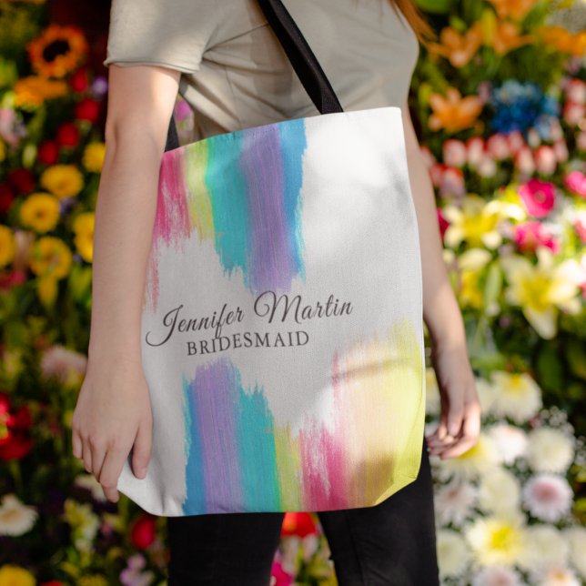 Bolsa Tote Rainbow Watercolor Elegante Bridesmaid Monograma (Criador carregado)