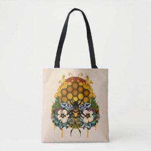 Bolsa Tote Rainha Abelha Floral Favo de Mel Jardim Botânico
