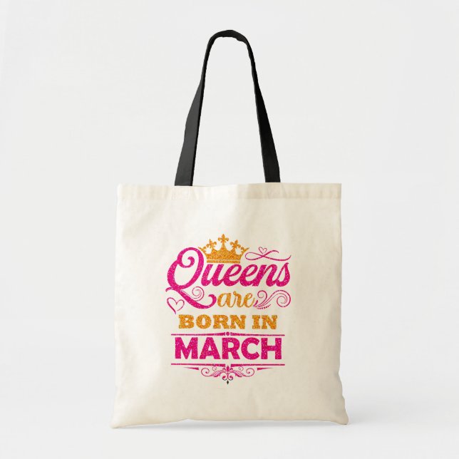 Bolsa Tote Rainhas Nascem Em Março Falso Brilho Aniversário  (Frente)