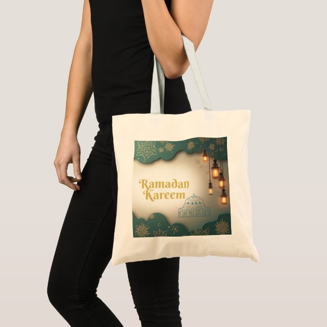 Bolsa Tote Ramadan Elegance Green & Gold Lanterns and Mosque (Frente (produto))