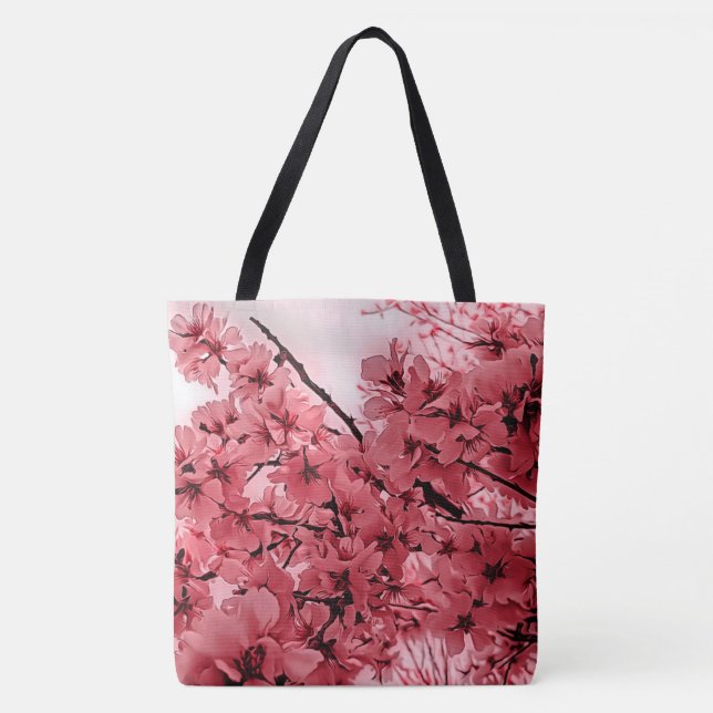 Bolsa Tote Ramais de Cereja Ornamentais Rosa Estilizados (Frente)