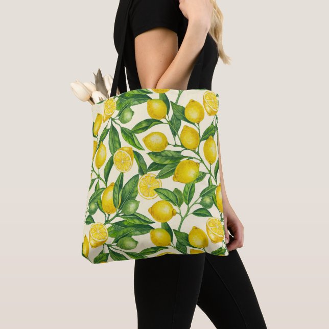 Bolsa Tote Ramais de limão em verde e amarelo (Close Up)