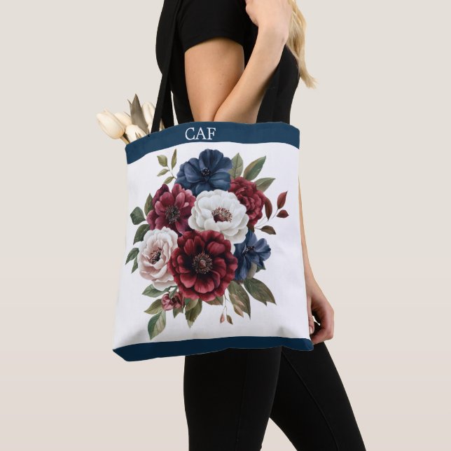Bolsa Tote Ramalhete Floral Burgundy Azul Marinho Branco (Close Up)