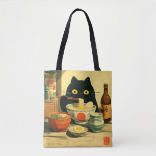 Bolsa Tote Ramen Comendo Gato Negro Engraçado   Vintage Japon
