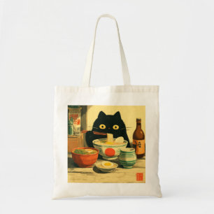 Bolsa Tote Ramen Comendo Gato Negro Engraçado   Vintage Japon