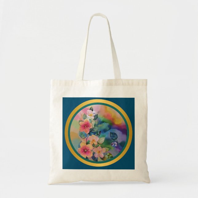 Bolsa Tote Ramificação de Primavera de Aquarela Colorida com  (Frente)