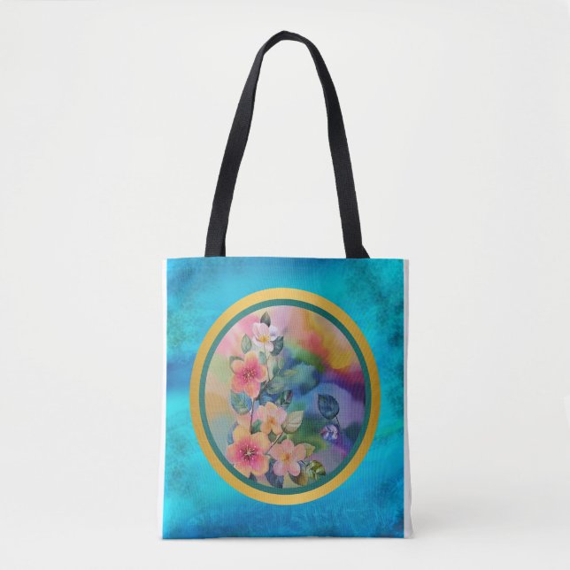 Bolsa Tote Ramificação de Primavera de Aquarela Colorida com  (Frente)