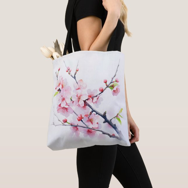 Bolsa Tote Ramo de Flores de Cerejeira Rosa (Close Up)
