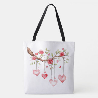 Bolsa Tote Ramo de Rosas Rosa em Aquarela com Corações Pendur